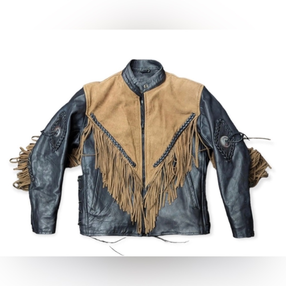 VINTAGE HOT LEATHERS Fringe Black/Brown Biker Leather w/Zip Out Lining. Sz M. 🔥